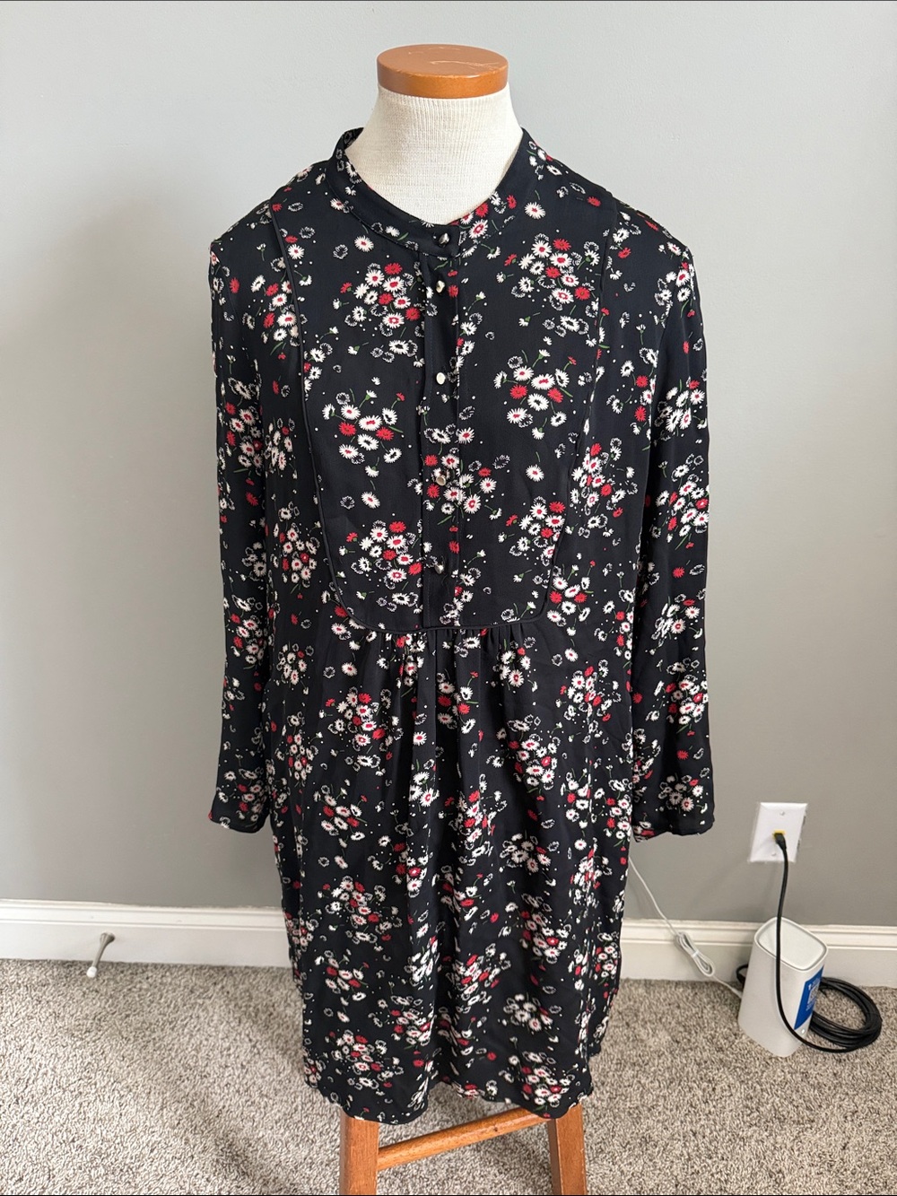 Gerard Darel - Black Floral Long Sleeve Dress - Size 44/12 - Good Used Condition
